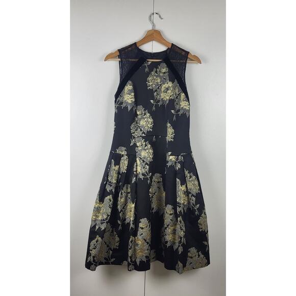 Silk Trim Metallic Floral Midi Fit and Flare Pleated Carmen Marc Valvo Dress | 4 - Picture 9 of 9